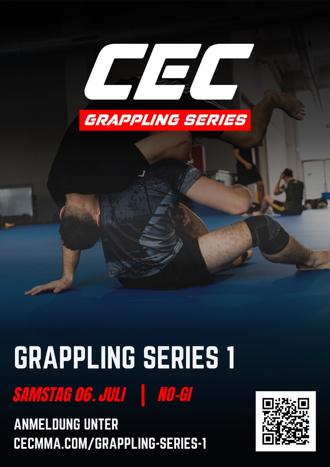 Grappling Series 1 event poster — CEC Grappling Series, Saturday 6 July, No-Gi, with a registration QR code