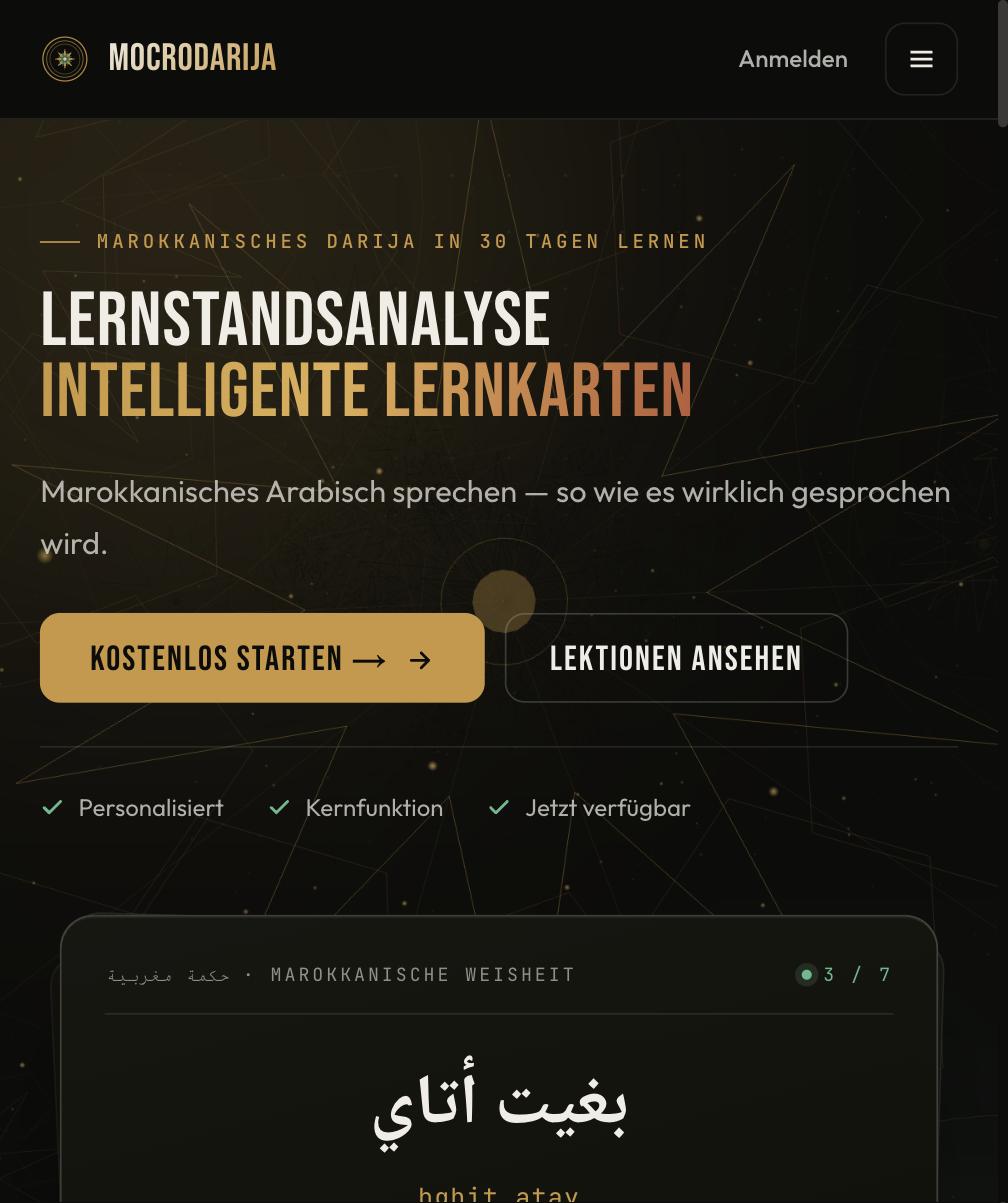 Die Startseite von MocroDarija am Handy, wo die meisten Lernenden ankommen