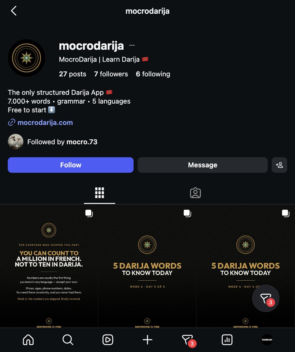 Das Instagram-Profil @mocrodarija — die einzige strukturierte Darija-App, kostenlos zu starten