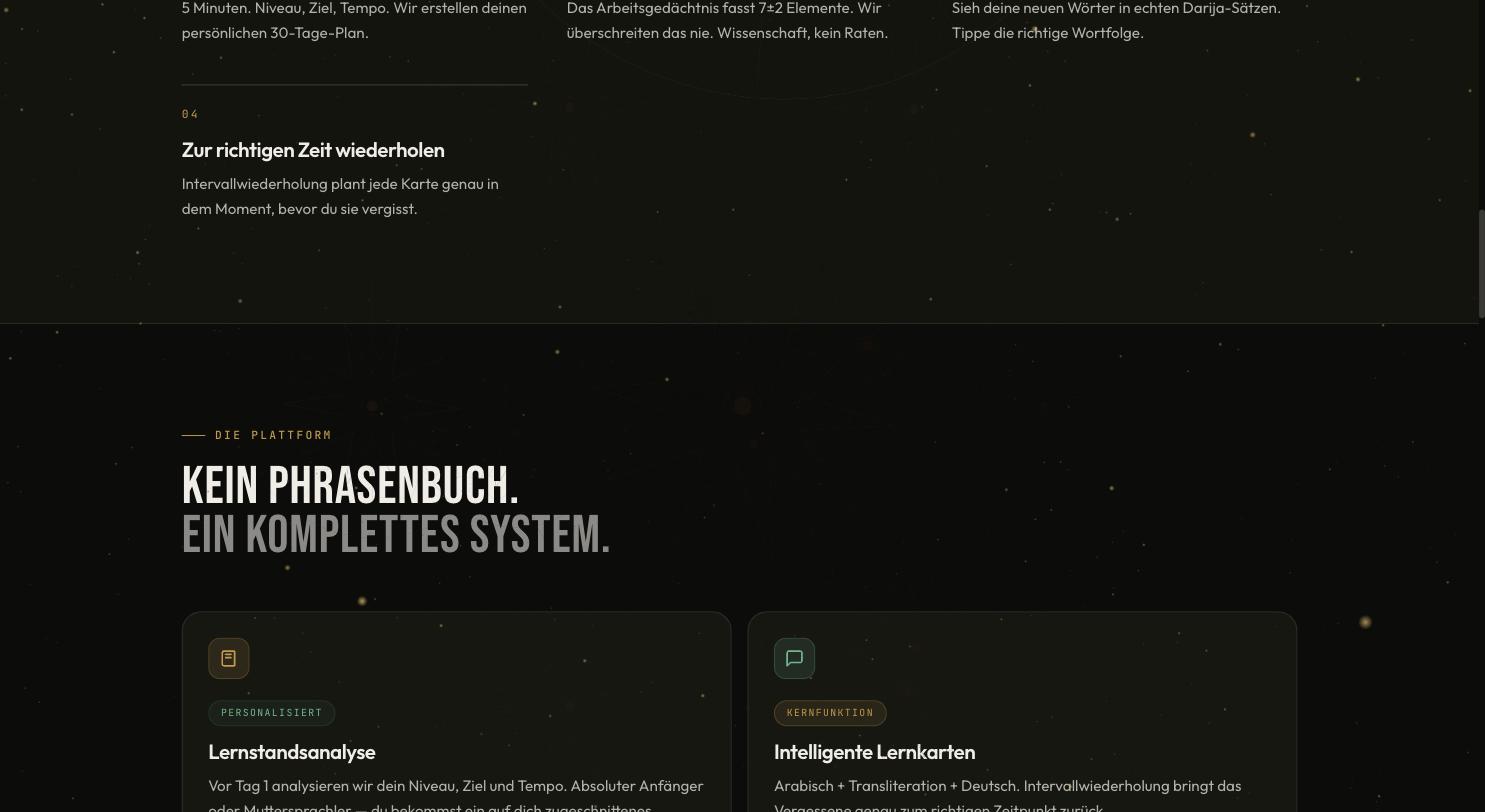 Die Plattformseite — das komplette System, von der Lernstandsanalyse bis zu den Lernkarten