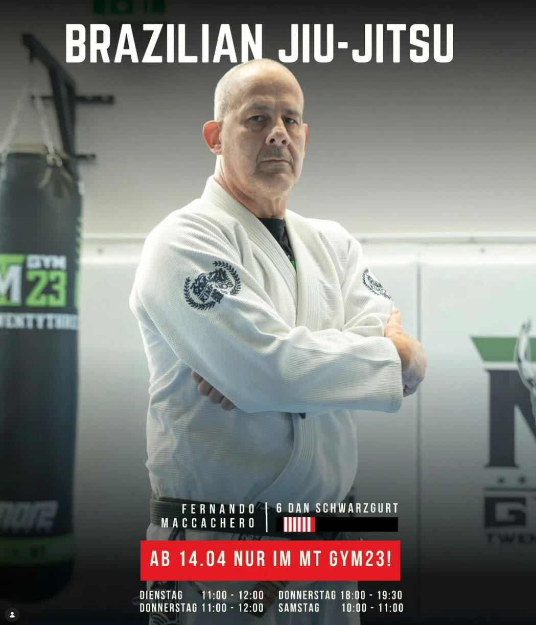 MT GYM23 Instagram post — Brazilian Jiu-Jitsu with resident coach Fernando Maccachero, 6th-dan black belt