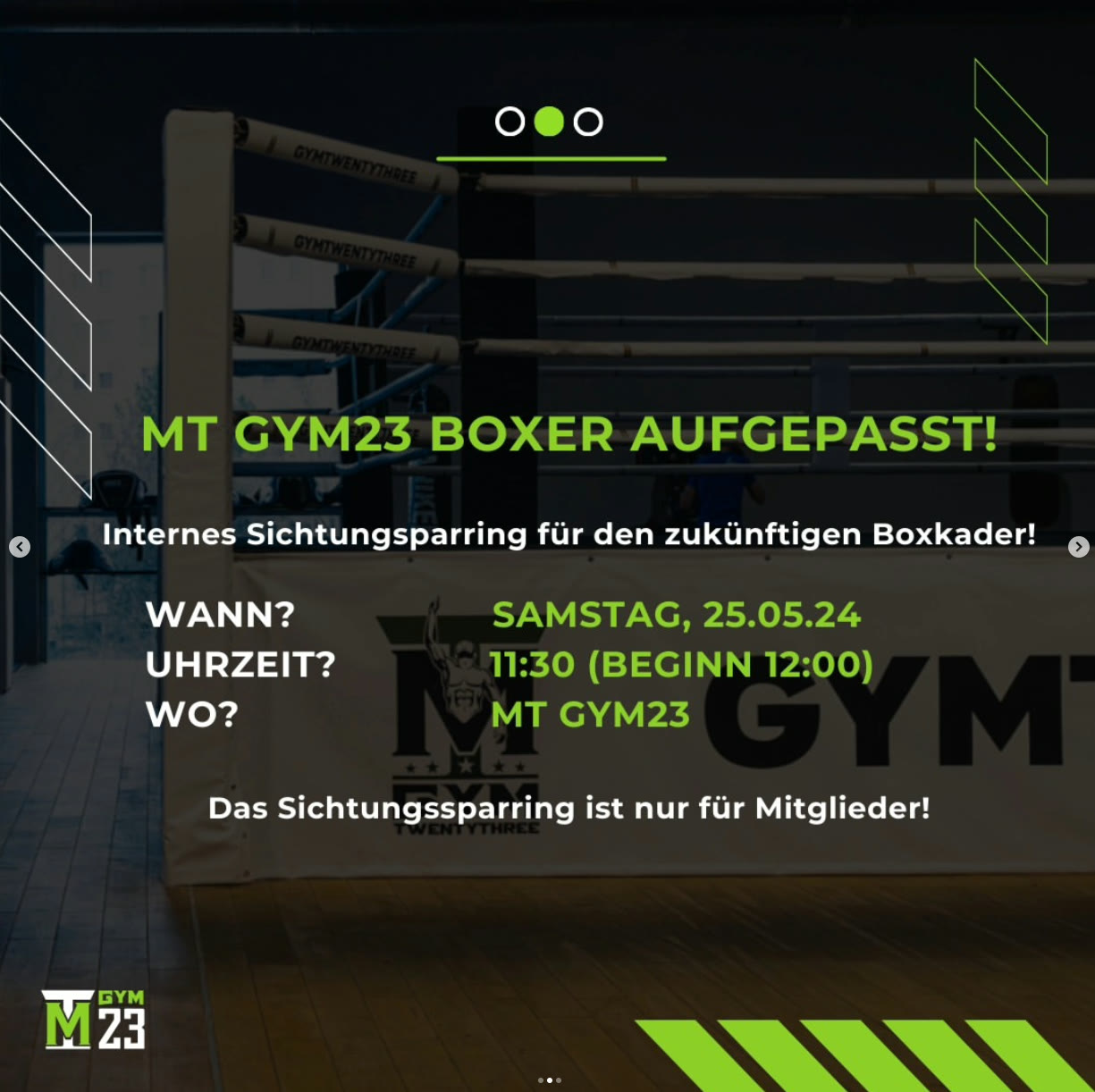 MT GYM23 Instagram story — internal boxing sparring announcement