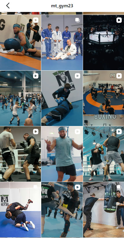 MT GYM23 Instagram feed grid — training and fight-event content