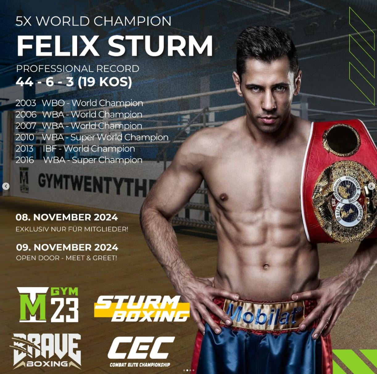 MT GYM23 Instagram post — 5x world champion boxer Felix Sturm event announcement