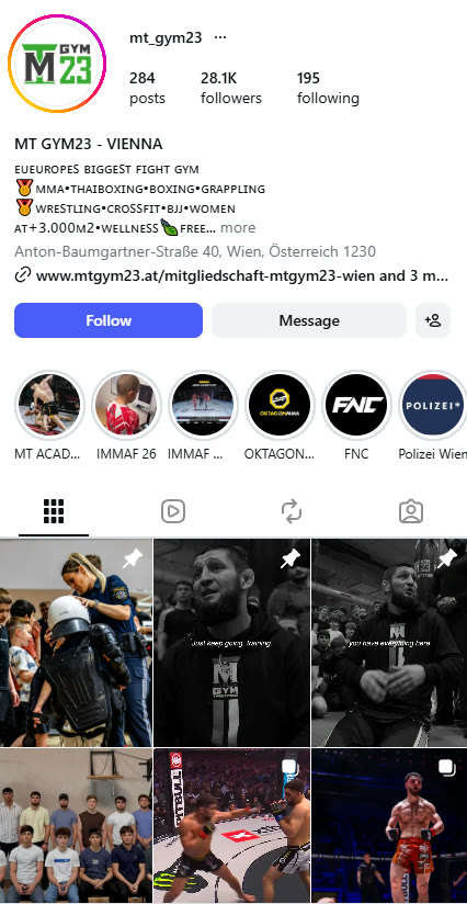 MT GYM23 Instagram profile, showing 28,100 followers