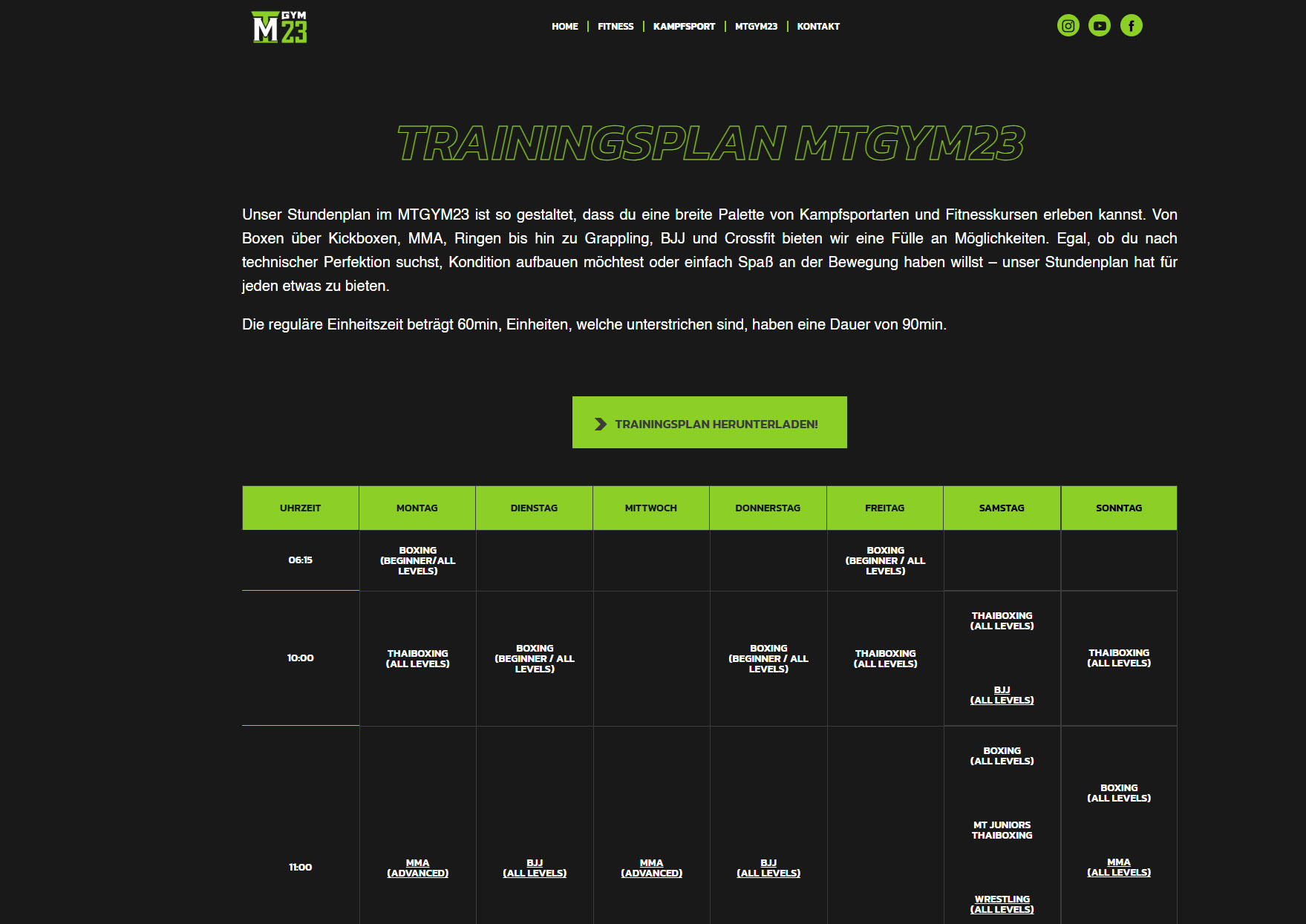 MT GYM23 website — weekly training schedule across all disciplines