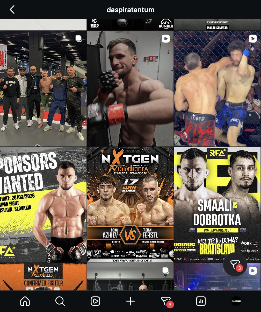 The @daspiratentum grid, with sponsor calls and fight announcements alternating in a consistent format