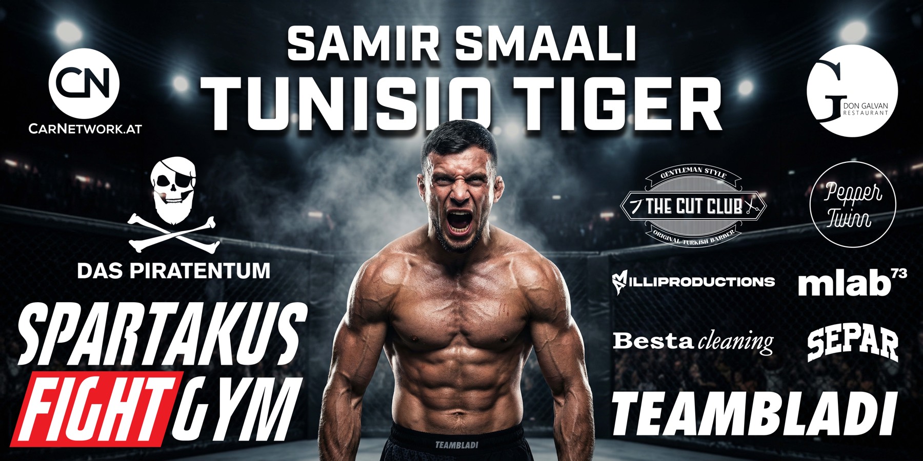 Fight banner for Samir Smaali — the Tunisio Tiger — carrying Das Piratentum and every fight sponsor