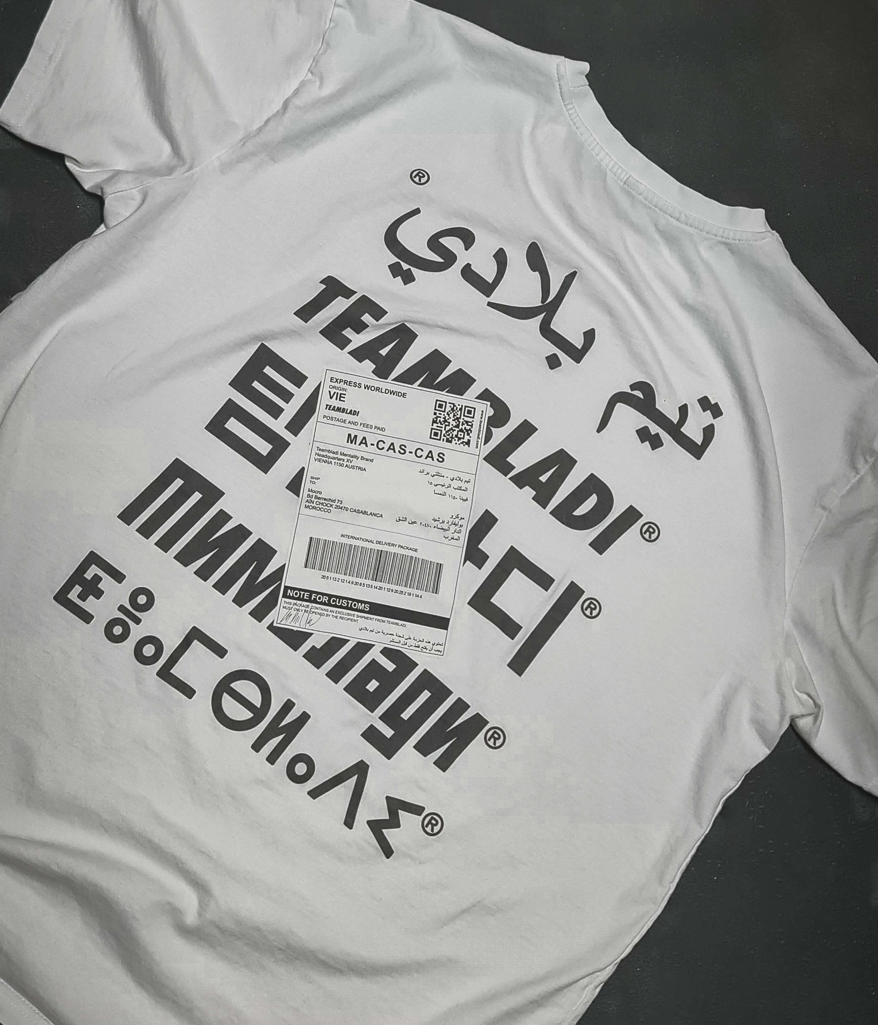 TEAMBLADI Express Shirt with a real international shipping label, Vienna to Casablanca