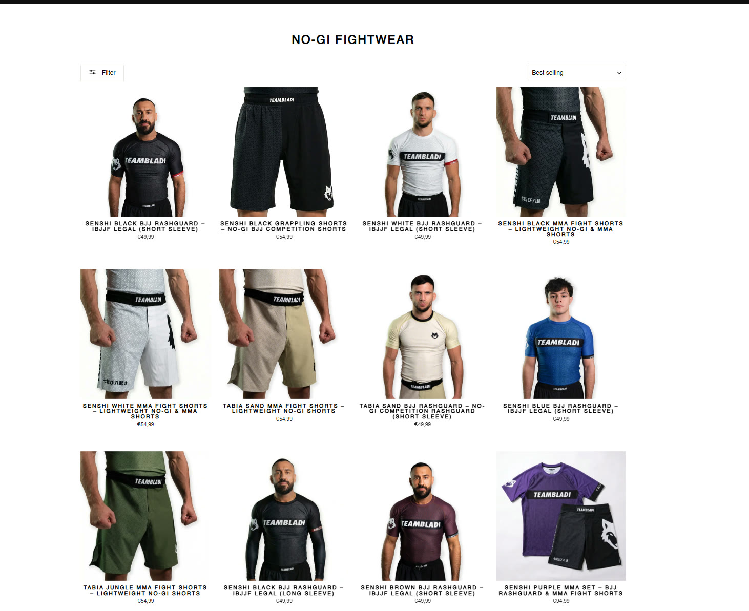 TEAMBLADI website — No-Gi Fightwear collection grid, rashguards and shorts