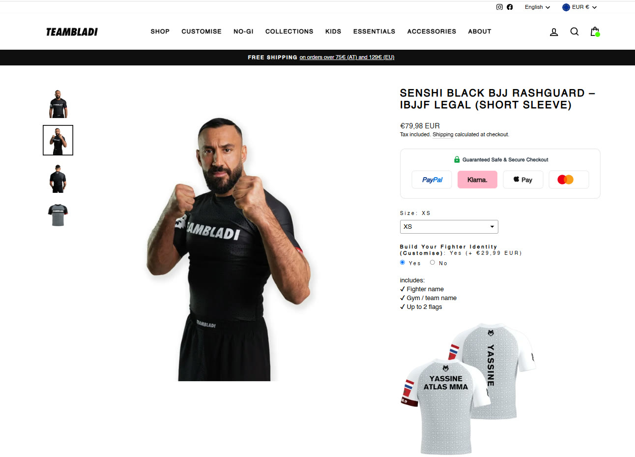 TEAMBLADI website — Senshi Black BJJ Rashguard product page