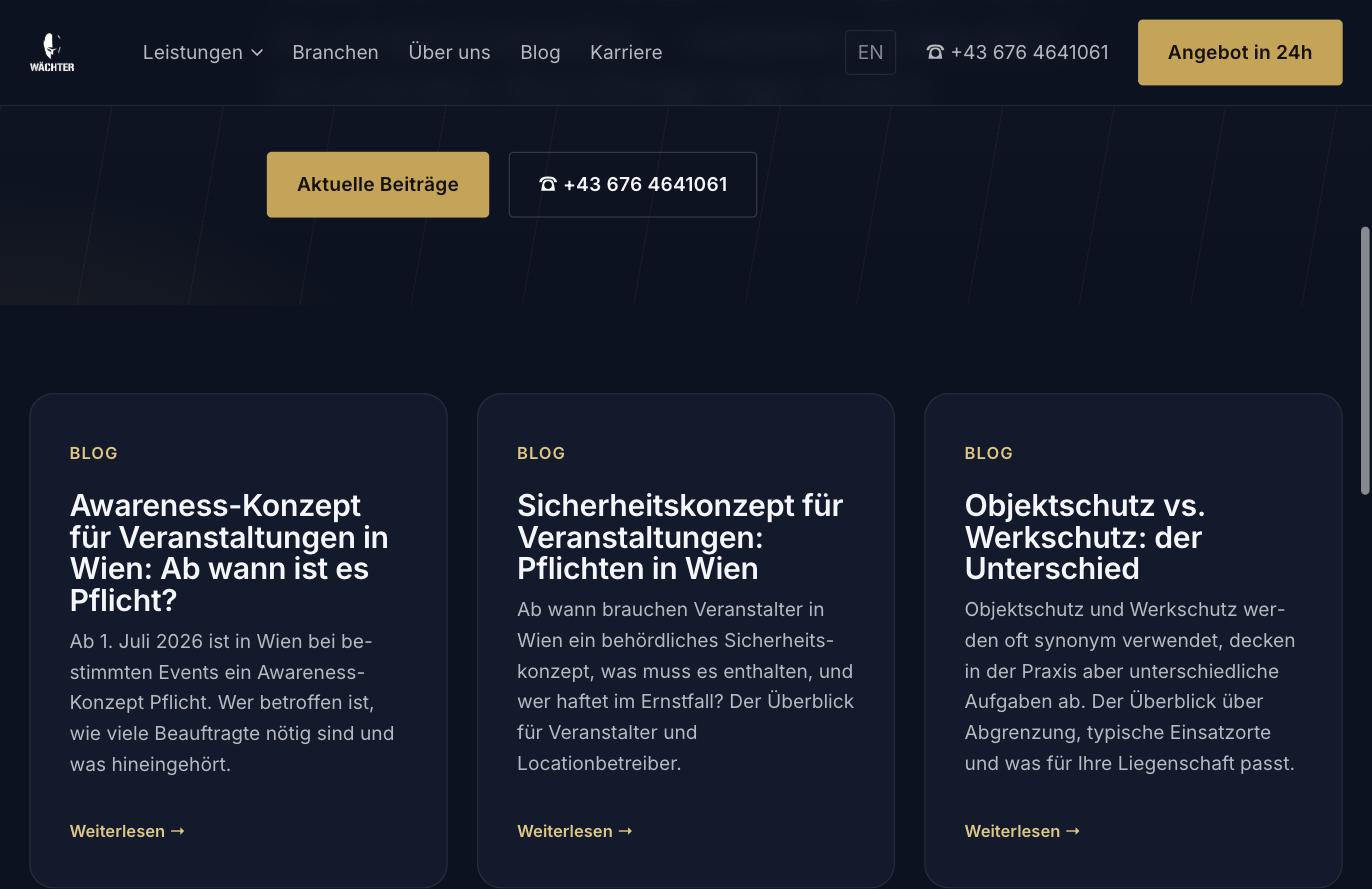 Blog index on waechtergroup.at with articles on security concepts and property protection in Vienna