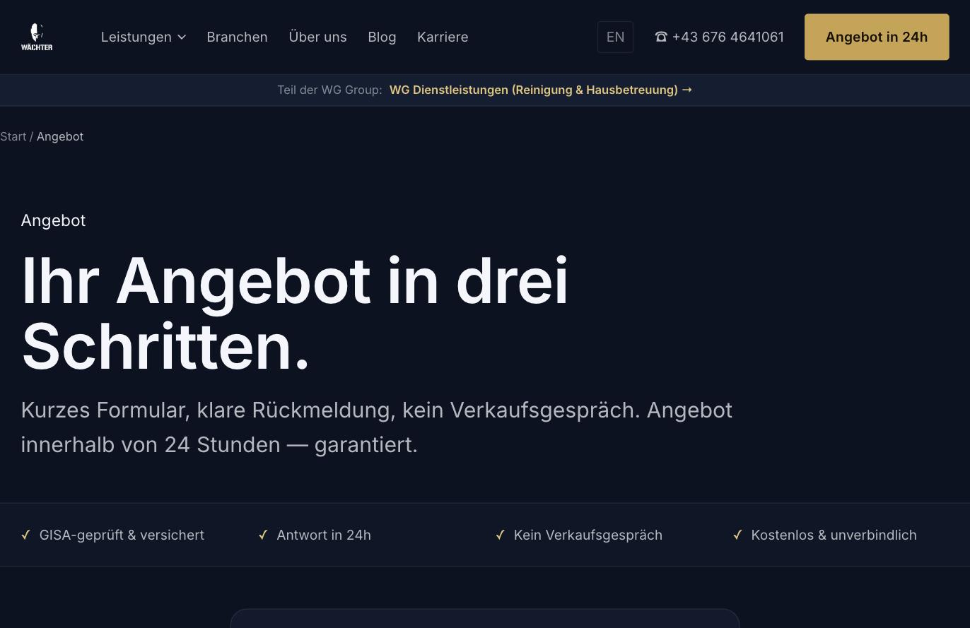 Angebotsformular auf waechtergroup.at mit Vertrauensmerkmalen über dem Formular