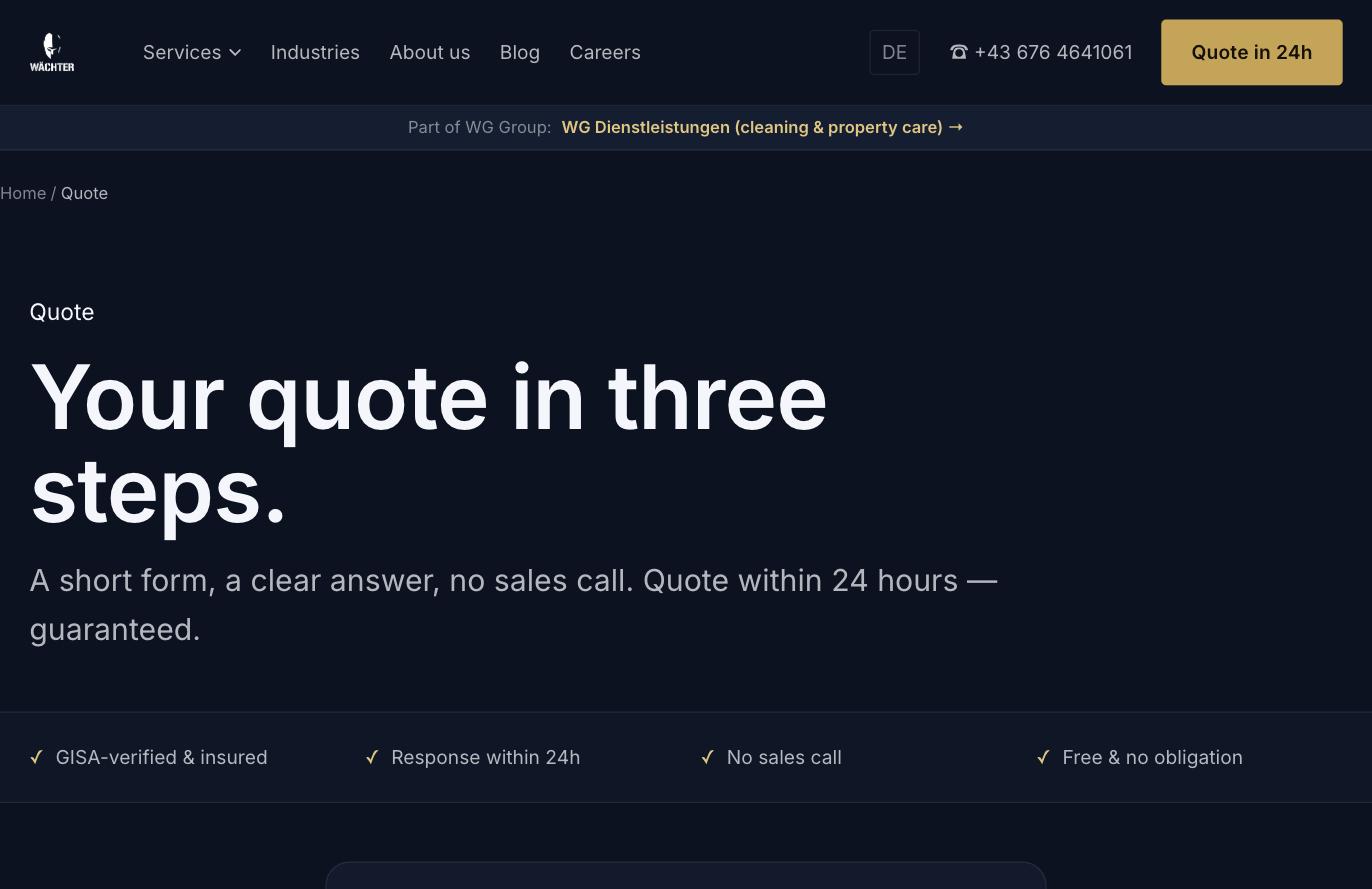 Quote form on waechtergroup.at with trust markers above the form