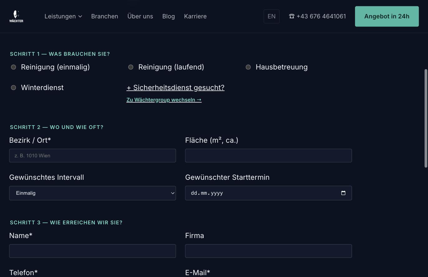 Quote wizard on wg-dienstleistungen.at — choosing the cleaning or maintenance service