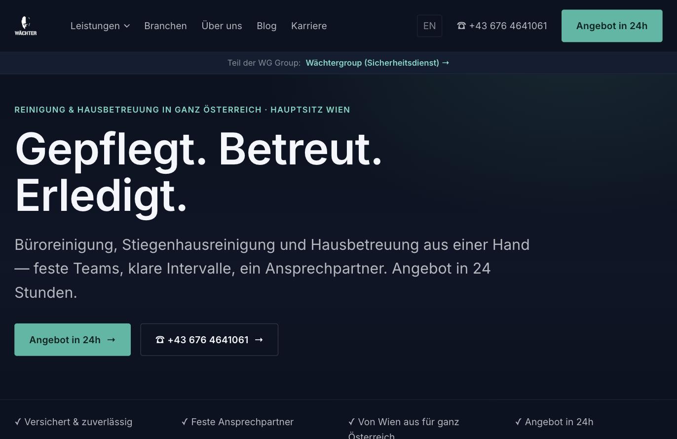 wg-dienstleistungen.at homepage in German
