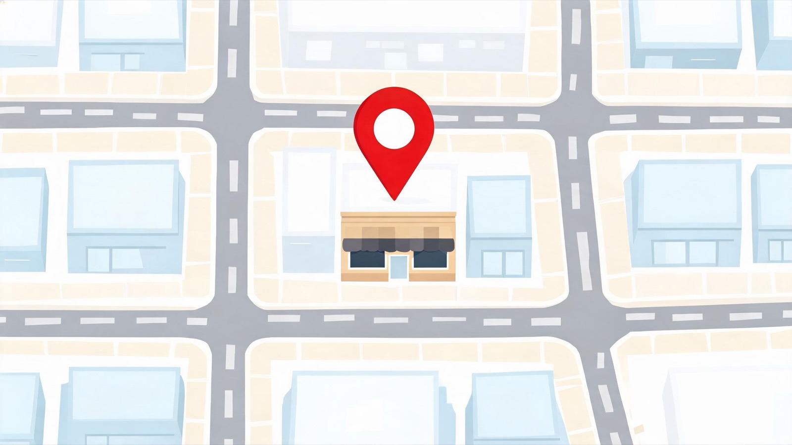 Ein Stadtplan mit einer roten Standortmarkierung über einem Geschäft — das Kartenergebnis entscheidet vor der Website